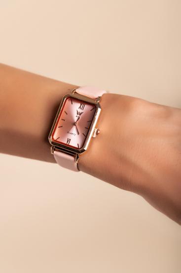 Елегантен часовник с каишка от еко кожа, светло розов