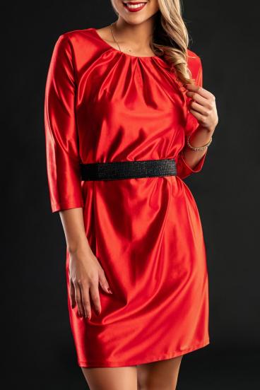 Елегантна мини рокля от изкуствен сатен, червена