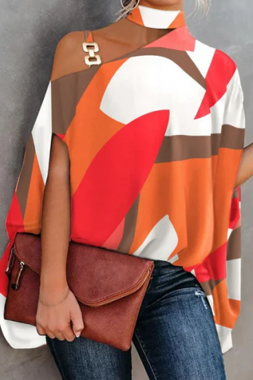 Елегантна широка блуза с щампа, оранжева